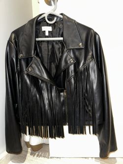Faux Leather Fringe Jacket Black 1XL