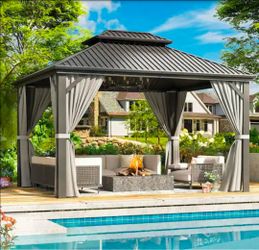 ✨️ VIWAT 10 ft. x 12 ft. Hardtop Gazebo with Aluminum Frame, Galvanized Steel Double Roof Gazebo with Nettings and Curtains, Gray w9692