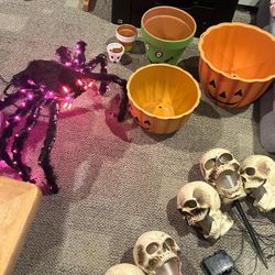 Huge Halloween Porch & Yard Decor Lot - Planters, Light-Up Spider & More