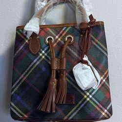 NWT Dooney & Bourke Plaid Tartan Drawstring Bucket Bag Leather Trim