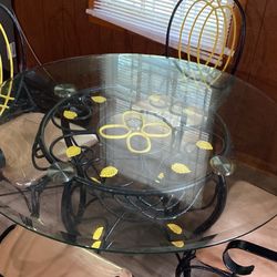 Glass Dining Table Set – Wrought Iron Base with 4 Chairs