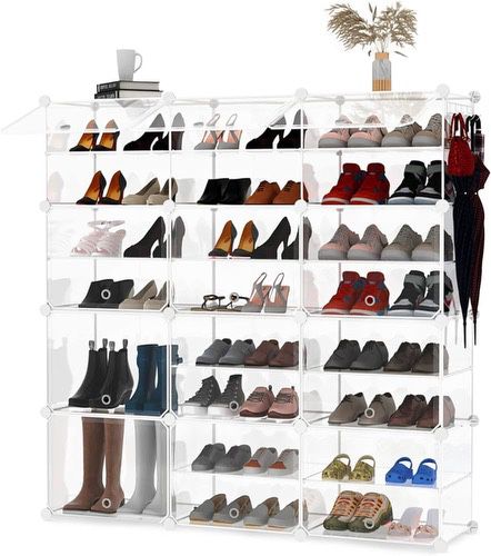 KUSARKO Shoe Rack Organizer, 8 Tier Shoes Storage Cabinet, 24 Pair Clear Plastic Shoe Expandable Organizer for Hallway Bedroom Entryway Heels Boots Sn