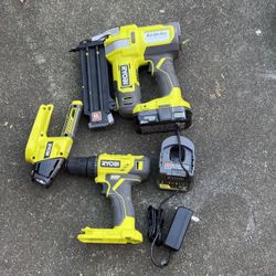 RYOBI 18V 18GA BRAD NAILER, DRILL, LIGHT WITH 1 BATTERY AND CHARGER 