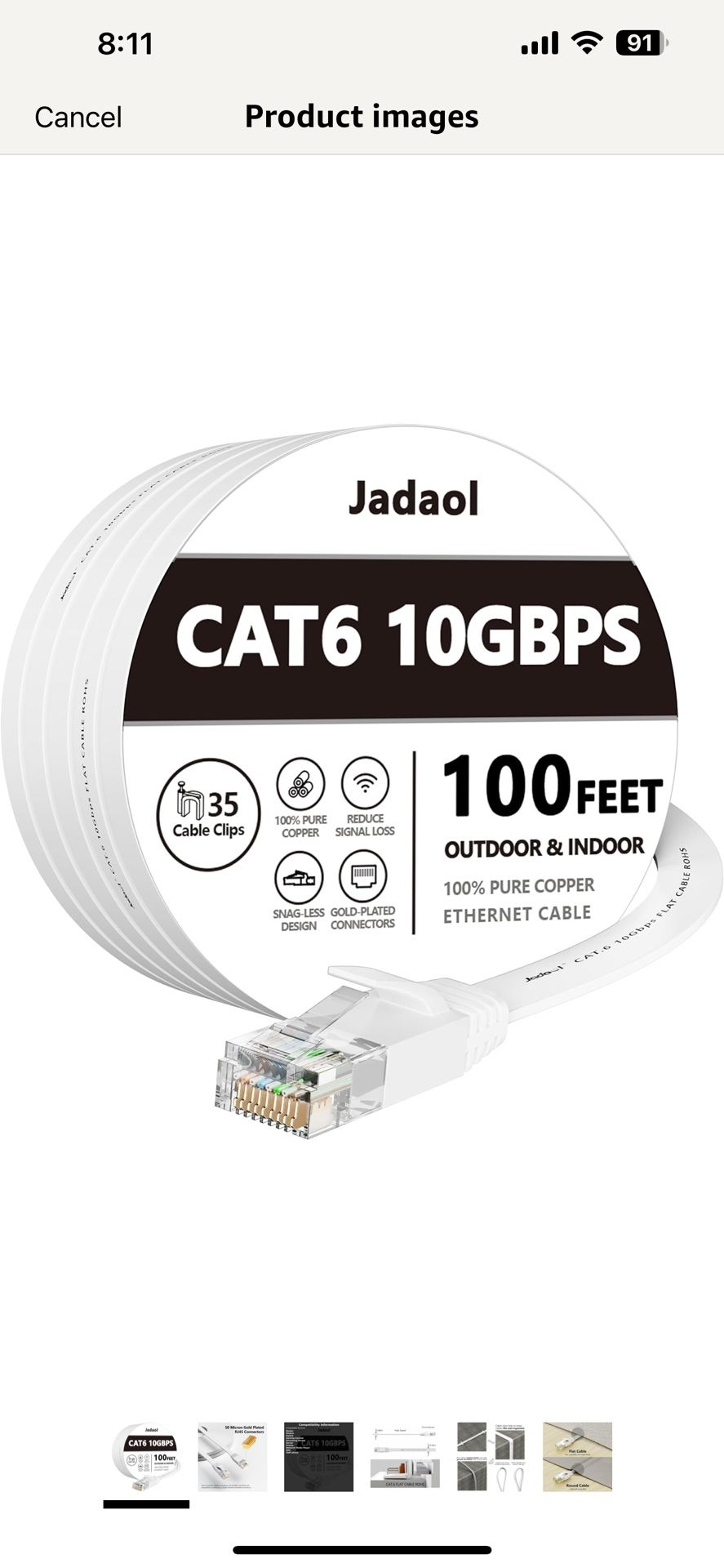 Jadaol Cat 6 Ethernet Cable 100 ft, Outdoor & Indoor 10Gbps Support Cat8 Cat7 Network, Flat RJ45 Internet LAN Computer Patch Cable for Router, Modem, 