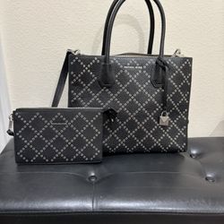 Michael Kors Black Silver rivets Large Mercer Crossbody Tote Bag Purse W/ Lg Wristlet Wallet 