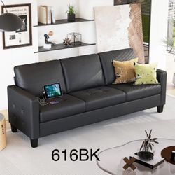 73” Black Faux Leather Sofa Couch, Modern Comfy Office 3 Seater Couch Loveseat with USB and Tufted Armrest, Small Love Seat Couches for Living Room, B