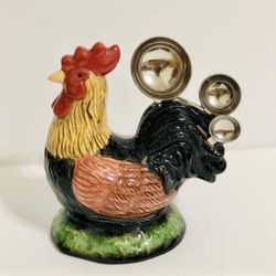 Vintage 6” Ceramic Rooster/Chicken Measuring Spoon Holder With four Metal Spoons