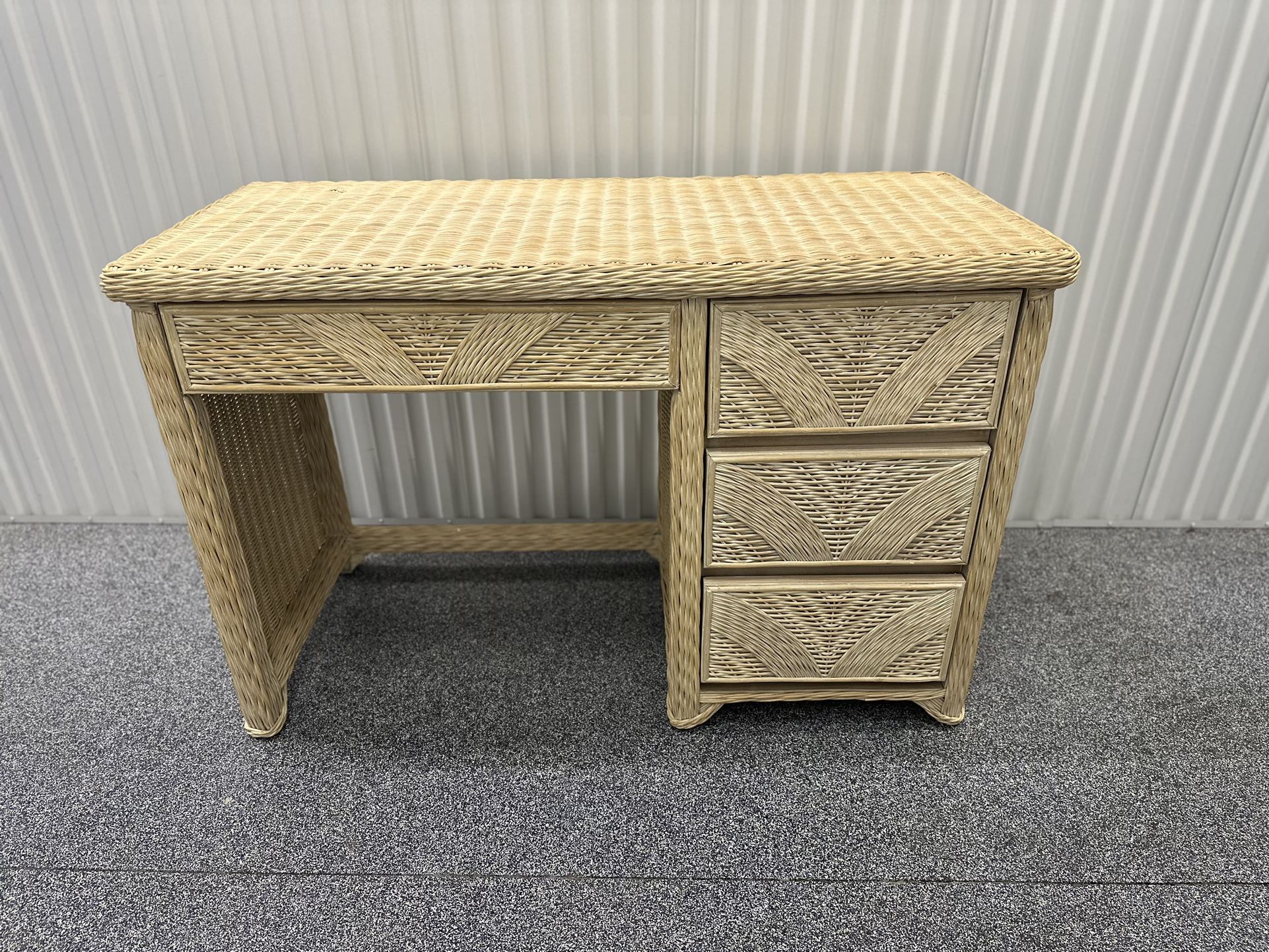 Vintage Boho Chic Wicker Rattan Desk/Vanity With Matching Chair