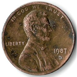 1987-D 1¢ LINCOLN MEMORIAL CENT COIN, POSSIBLE ERROR PENNY, RPM D/D?