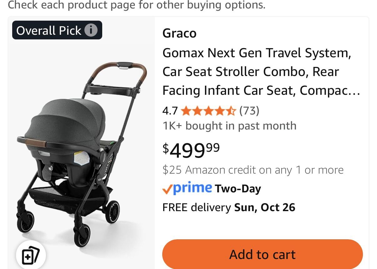 Graco Gomax Next Gen Travel System, Car Seat Stroller Combo, Rear Facing Infant Car Seat, Compact Stroller for Travel
