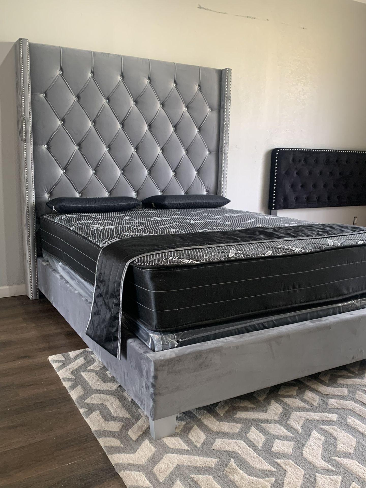 Brand New Queen Size Grey 6foot Tall Bed Frame With New Mattress/Fast Delivery