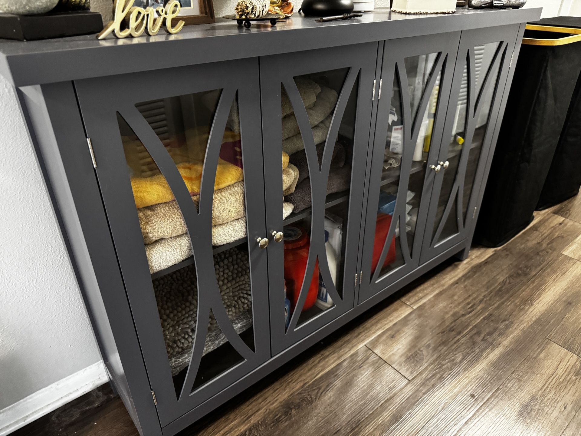 Sideboard, Buffet Cabinet with 4 Tempered Glass Doors, Arc Pattern and Adjustable Storage Shelf, Credenza, Gray