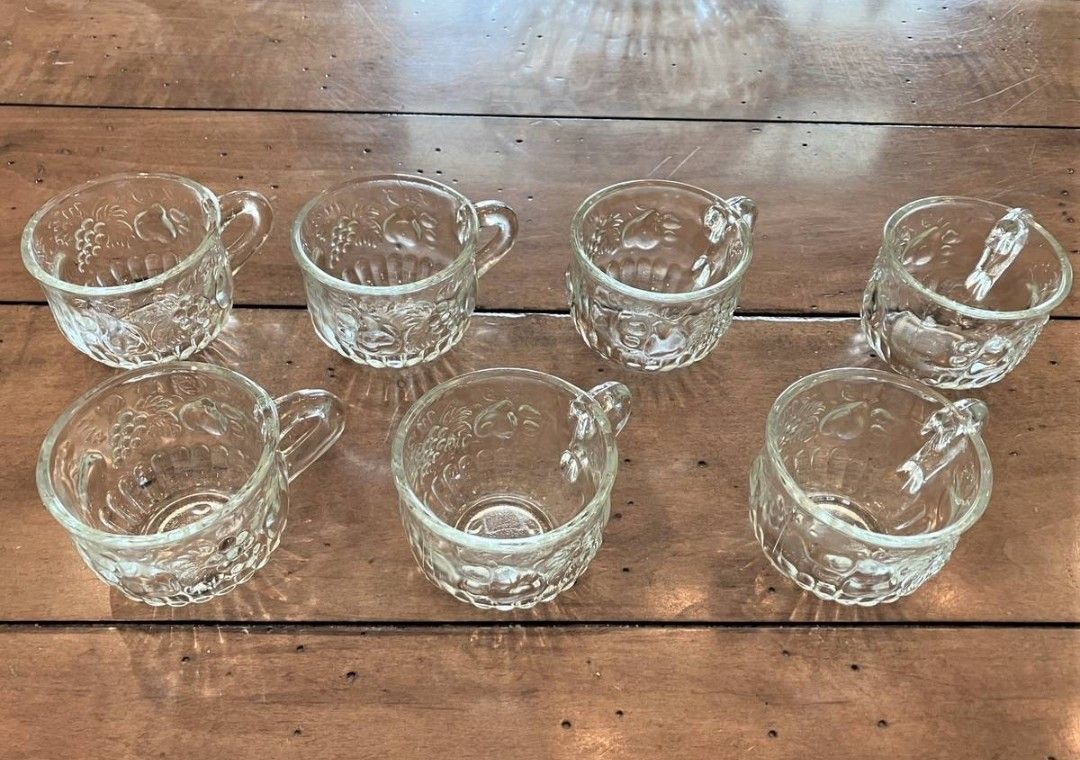 Jeannette Glass Punch Bowl Cups With Fruit Pattern 1950s Set Of 7