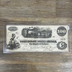 1862 Confederate States of America $100 interest-bearing note (T-39 or T-40 variety). Civil War Era 