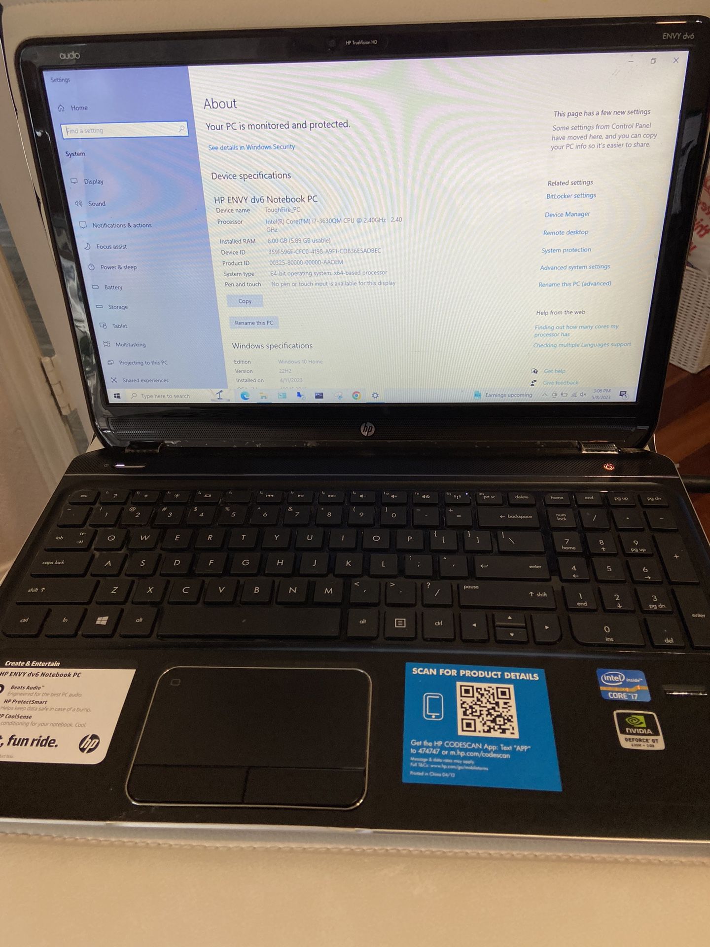 HP laptop i7-3630QM CPU @ 2.40GHz, 6GB RAM, 600GB HDD