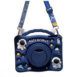 Special Premium Silicone Cute Astronaut Cosmonaut Pattern Tablet Case with Built-in 360° Foldable Rotatable Kickstand Shockproof Cover and Lanyard Cas