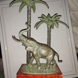 Vtg Bronze Trunk Up Elephant Sculpture Palm Tree Candle Holder Marble Base 15.5”