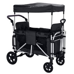 2 High Seat Wagon Stroller, Wanan Stroller Wagon for 2 Kids, 5-point Harnesses, Adjustable Canopy, Foldable Stroller Wagon 2 Passenger 