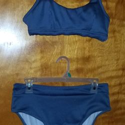 NWT Women's Blue Two Piece Spaghetti Strap Set Push Up Bikini Top & Mid Rise Bottom Large 