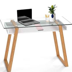 Small Desk - 43 Inch, Modern Computer Desk for Small Spaces, Living Room, Office and Bedroom - Study Table w/Glass Top and Shelf Space - White