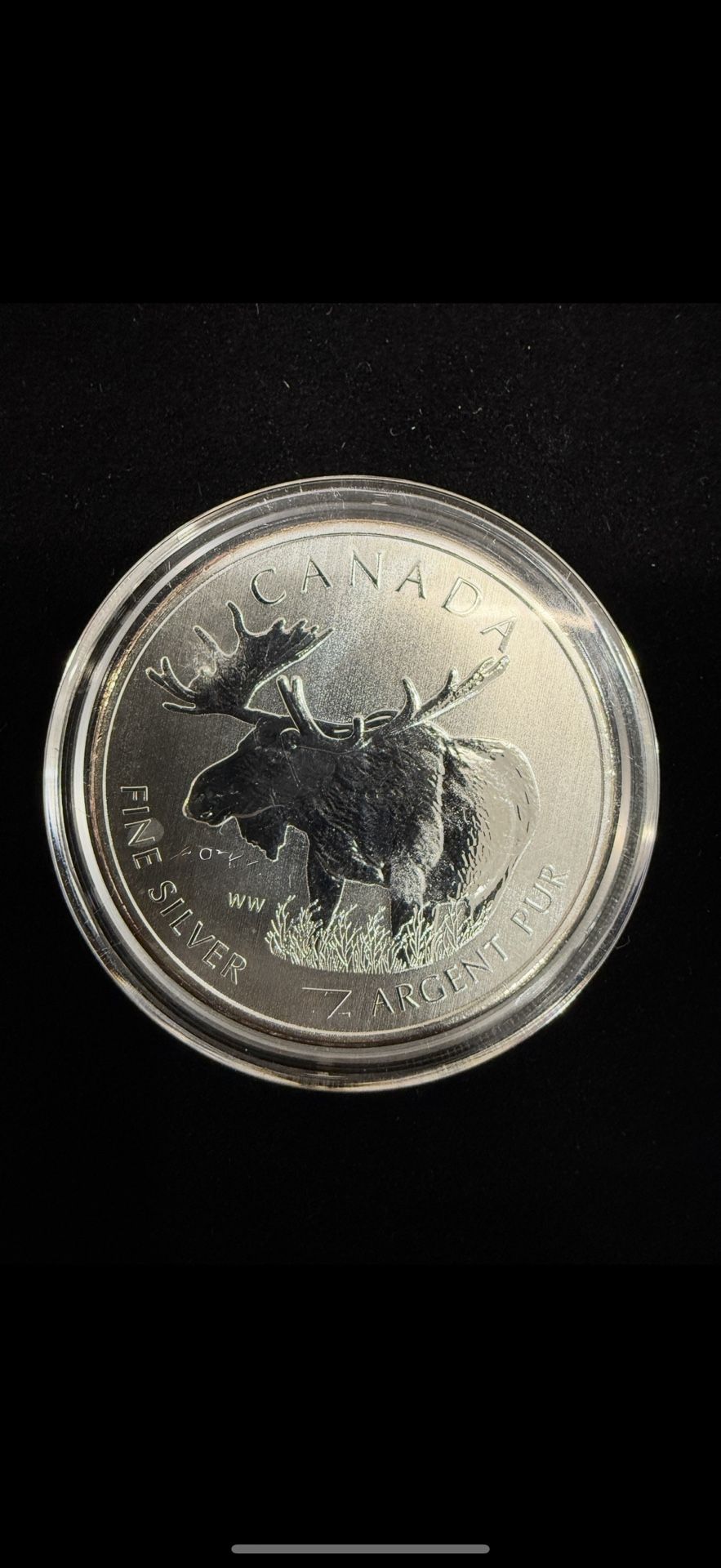2012 one ounce Fine Silver $5 Canada Moose Canadian Wildlife Series COIN W/Cap!