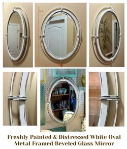Freshly Painted & Distressed White Oval Metal Framed Beveled Glass Mirror