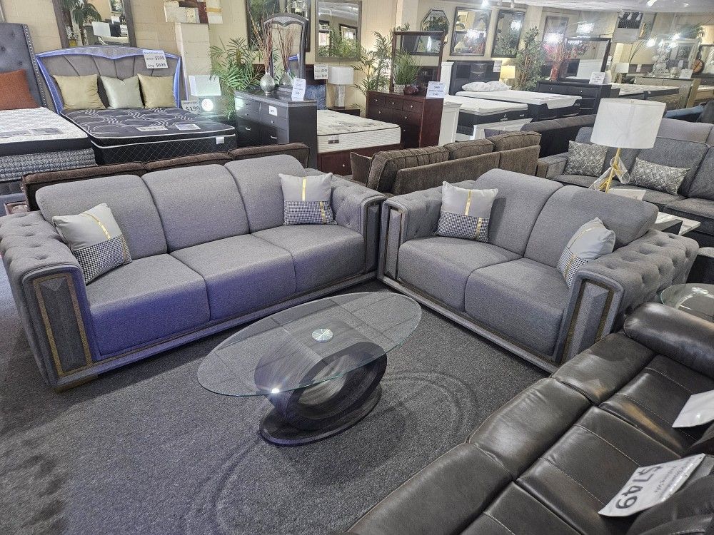 Brand New Gray Linen Modern Sofa + Loveseat With Gold Trimming