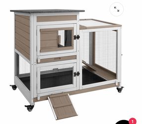 40″L Wooden 2 Story Rabbit Hutch on 4 Metal Wheels with Run Guinea Pig Pet House for Small to Medium Animals,White/Grey