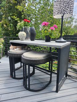 3-Pc Outdoor Wicker Bar Set (Concrete Look Table & 2 Stools)