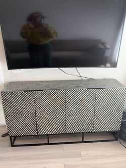 Baxton Studio Belenus Modern Bohemian Herringbone Black Mother of Pearl Marble Console Table