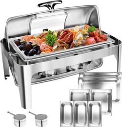 Umisu 13 QT Roll Top Chafing Dish Buffet Set, Stainless Steel Food Warmer With Perspective Window For Parties, Birthday, Hotels And Weddings,1 Full&2 