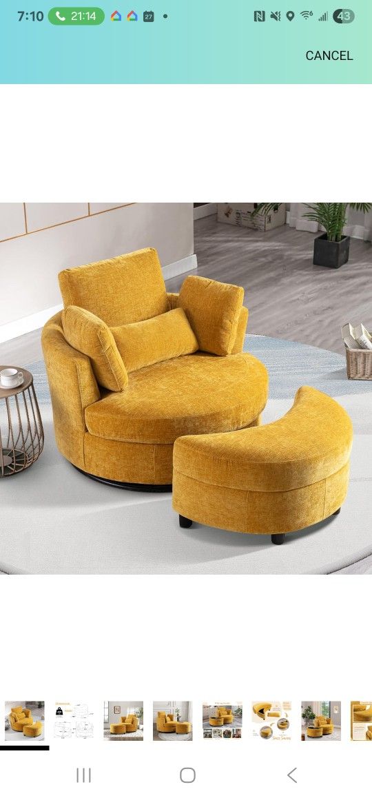 BRAND NEW! MUSTARD YELLOW SWIVEL LOUNGE CHAIR W/ Matching Table Ottoman