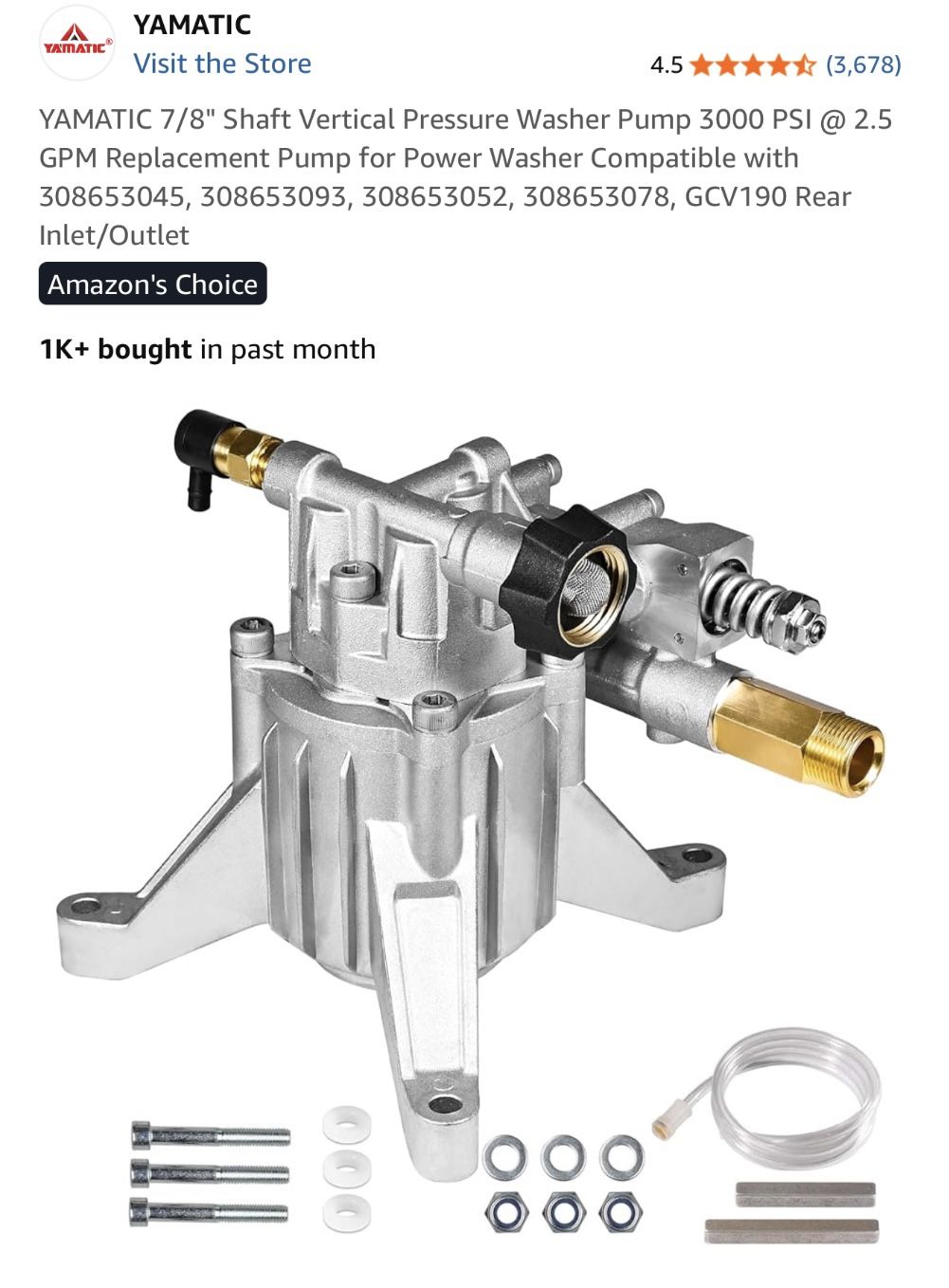 YAMATIC 7/8" Shaft Vertical Pressure Washer Pump 3000 PSI @ 2.5 GPM