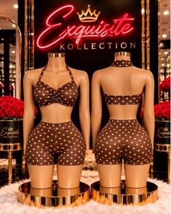 Brown Polka Dot Halter Top & Shorts Set
