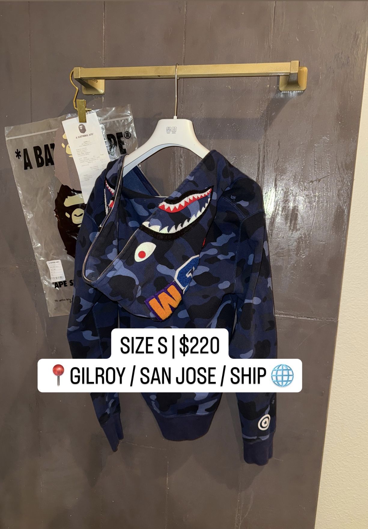 $220 | SIZE S | BAPE Shark Full Zip Hoodie – Blue Camo