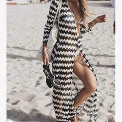 Open Front Long Sleeve Beach Kimono Black White Wavy Stripe Hollow Out Lace Cover Up Cardigan