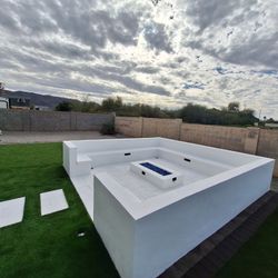 Fire Pit, pavers, travertine, turf, trees, natural grass, and more 