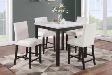 Brand New White & Black 5pc Counter Height Dining Table Set w Marble Top