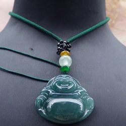 Certified Jadeite Jade Hand Carved Green Laughing Happy Buddha Pendant 