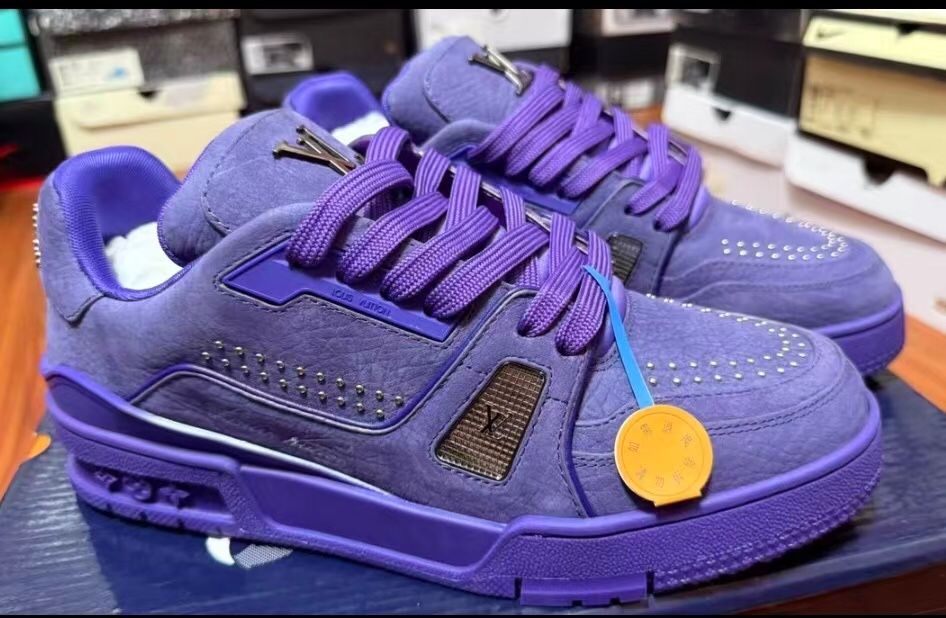 Brand New Loui s Vuitton Trainer Purple Rivet Sneakers | Imported Italian Full-Grain Leather | TPU Outsole with Rivet Detailing | Stylish & Versatile,