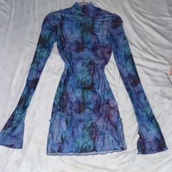 Sheer mesh see through print high neck slit long sleeve mini dress