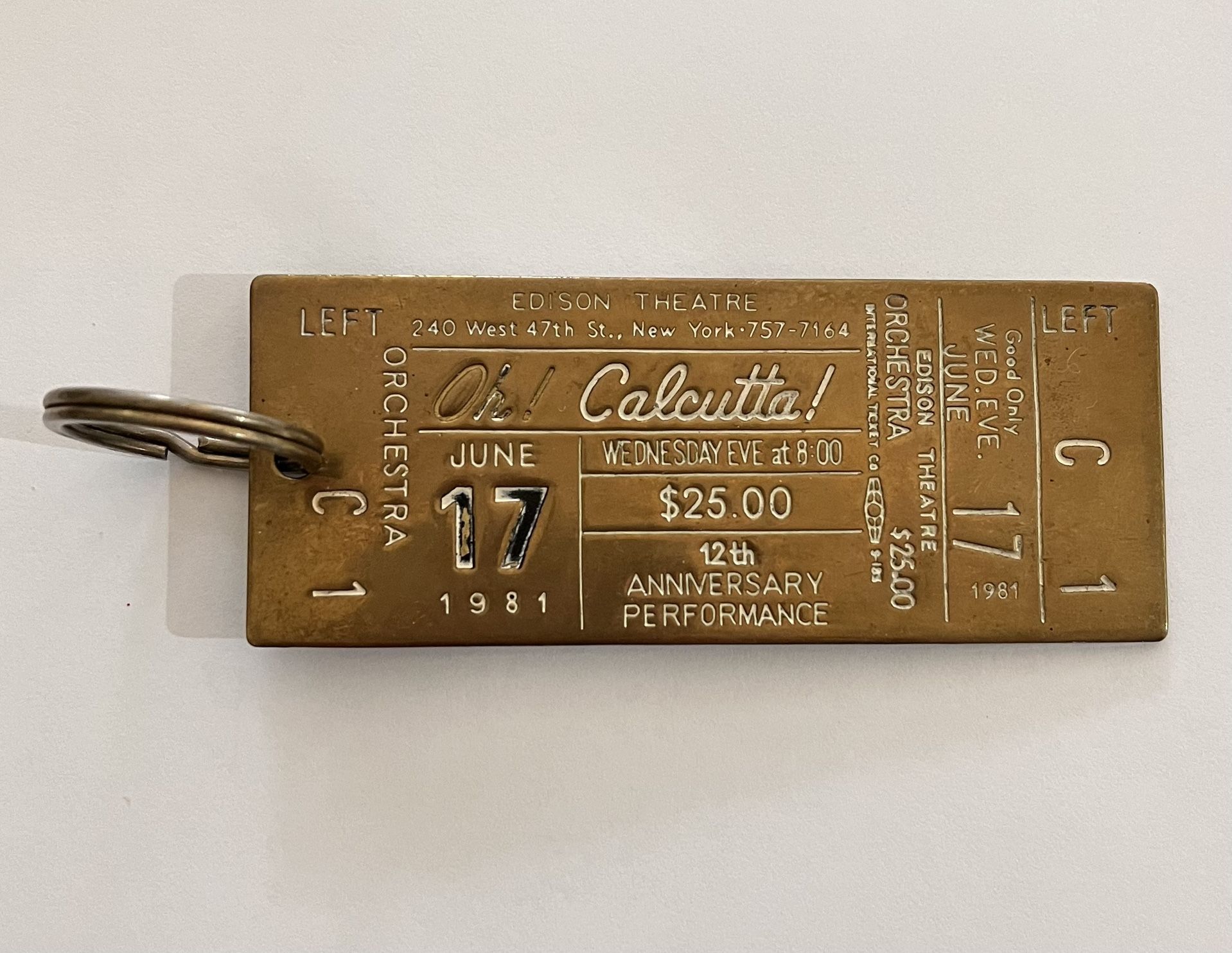 Oh! Calcutta! 1981! New York! Brass Ticket Keyring!