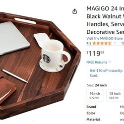 MAGIGO 24 Inches Extra Large Octagonal Black Walnut Wood Ottoman Tray