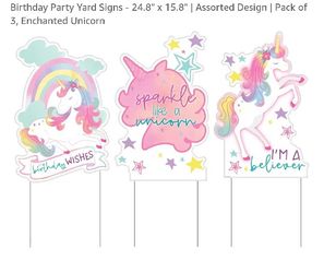 Birthday Party Yard Sign Enchanted Unicorn 3 Pack