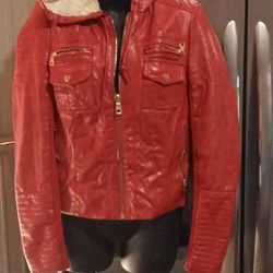 Woman's Hooded Fleece Lined Red Leather Jacket.