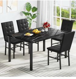 5-Piece Marble Dining Set, Modern Kitchen Table and Chairs for Dining Room, Dinette, Compact Space Saving Furniture, 4 Upholstered PU Chairs - Black