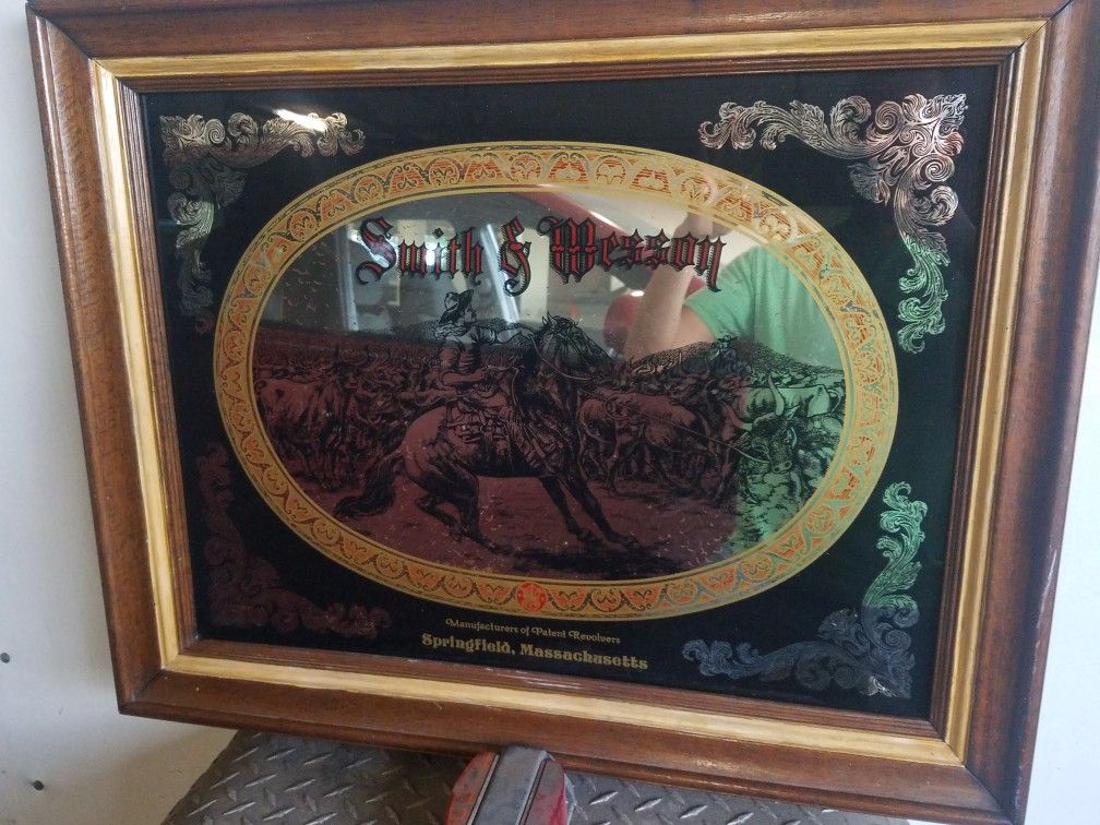 Huge man cave framed bar mirror Smith & Wesson wooden frame large!!