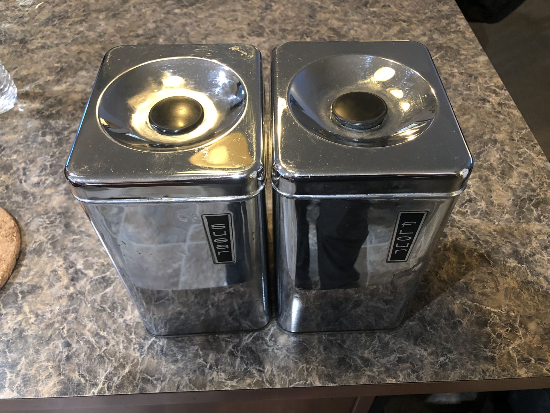 (2) Vintage Mid Century MCM Lincoln Beautyware Steel Sugar & Flour Canisters