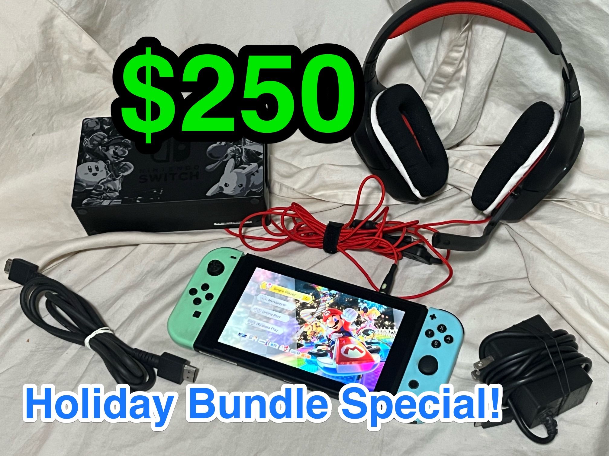 🎁✨ Nintendo Switch Holiday Gaming Bundle ✨🎁  This is a used but fully cleaned, great-condition Nintendo Switch bundle — perfect as a holiday gift or