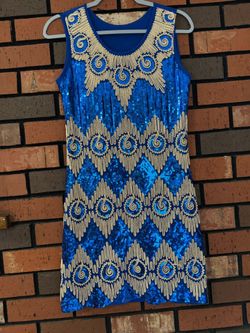 Blue Sequin Mini Dress with Gold Embroidery